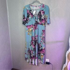 Floral V-Neck Dress in Blue and Purple Hello Miz Xl NWT